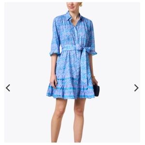 Preppy Halsbrook Bella Tu Blue Print Embroidered Shirt Dress size Large with tie
